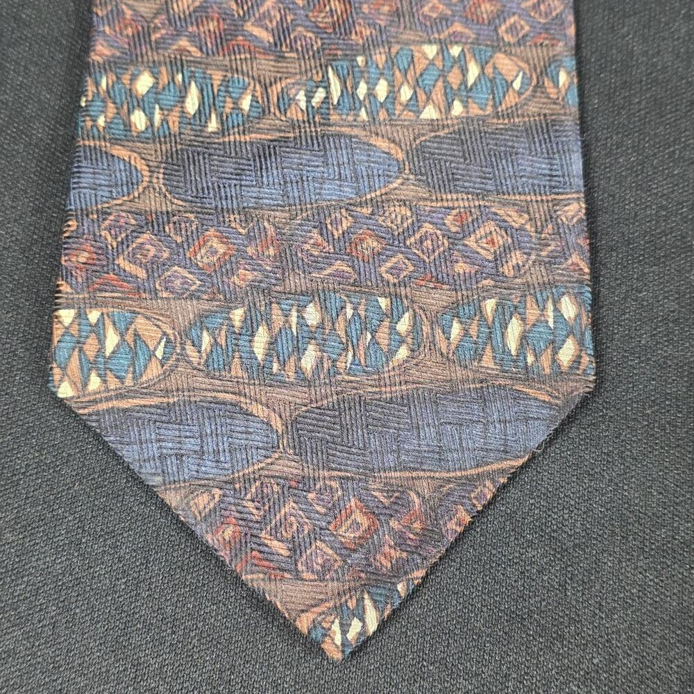 Adams Row Men's Multi-Color Blue Brown Teal Silk Geometric Pattern Tie